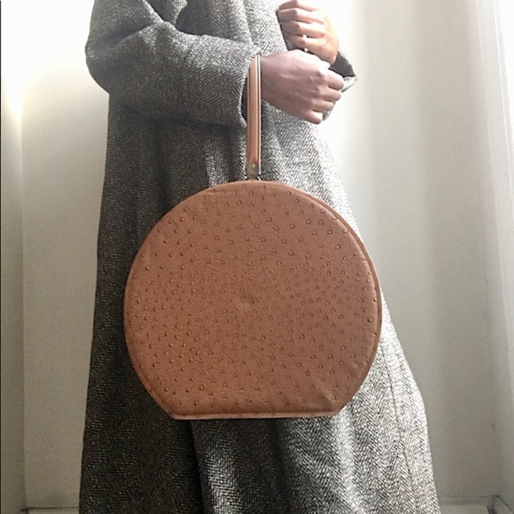 Vintage 60’s Round Tan Ostrich Vanity/Travel Case
